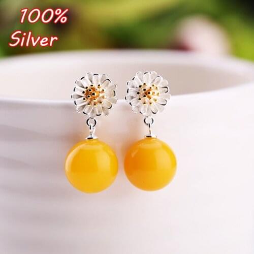 S925 Sterling Silver Color Daisy Earrings Blank Inlaid 6-9mm Amber Earrings Tray