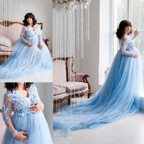 Light Sky Blue Maternity Dress for Photoshoot Long Sleeve Plus Size Prom Dress For Women Custom Made Bridal Pajamas