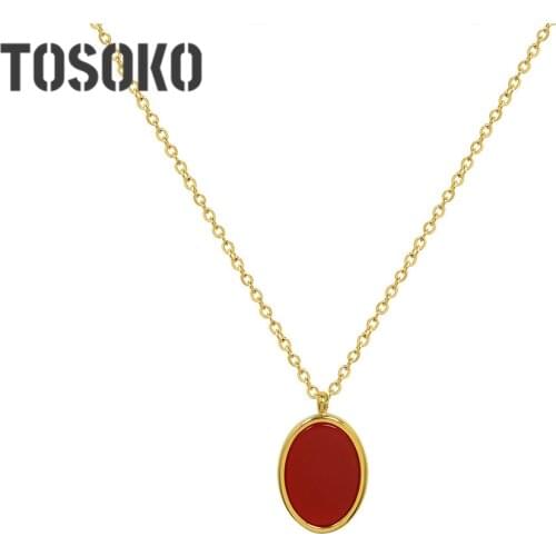 TOSOKO Stainless Steel Jewelry Red Alec Oval Pendant Necklace Womens Retro Clavicle Chain BSP1073