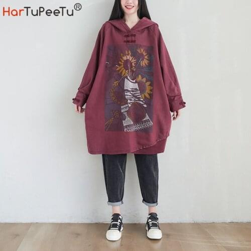 Spring Autumn 2021 Women Hoodie Dress Oversized Loose Casual Hooded Coat Sunflower Print Frog Plain Sweatshirts with Pockets