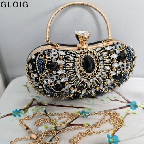Vintage Embroidery Beaded Clutch Bags Diamonds Party Evening Bags Shoulder Female Cocktail Dinner Wallet Purse