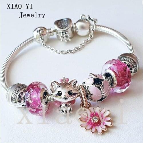 XIAOYI 2020 new 100% s925 Rose red flower fox Butterfly Glass crown popular for European Bracelet to send girlfriend female