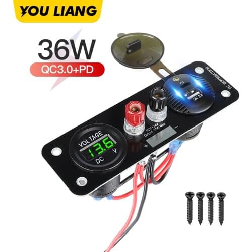 Quick Charge QC3.0 & PD Charger Usb C with Voltermeter Terminal Connector Binding Post For Camping Car Accessories Power Adapter