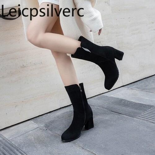 Womens Boots Autumn And Winter The New Round head zipper Crystal Thick heel mid heel Middle tube Womens shoes plus size 31-43