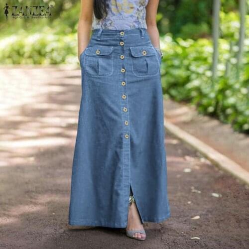 Womens Denim Blue Skirts ZANZEA 2021 Fashion Long Mujer Faldas Female Streetwear Button Bottom Casual A Line Skirt Plus Size 5XL