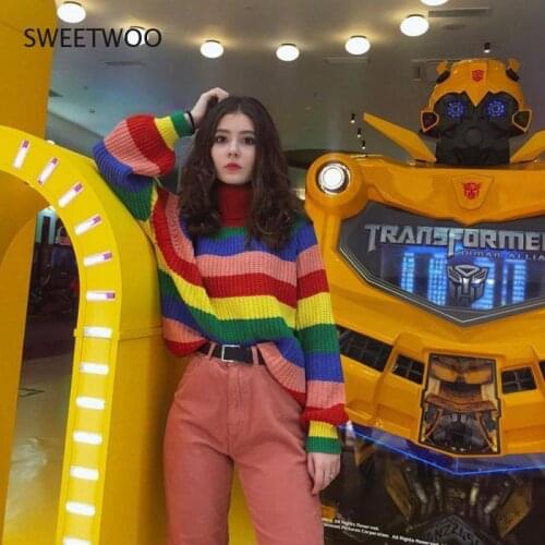 2021 Autumn Harajuku Cardigan Women Striped Rainbow Sweater Coat Female Loose Sweaters Letter Embroidery Jumper Cardigans