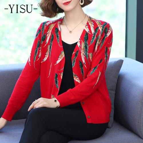 YISU Women clothing Cardigans Sweater V-Neck Feathers printing Knitted Coat Cardigan Single Breasted Casual Knit Jacket Sweater
