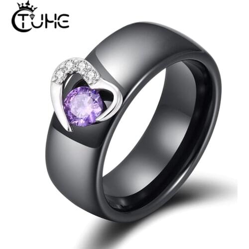 925 Sterling Silver Heart Ceramic Ring Black White Ceramic Rings For Women With Purple Crystal Wedding Engagement Jewelry Gifts