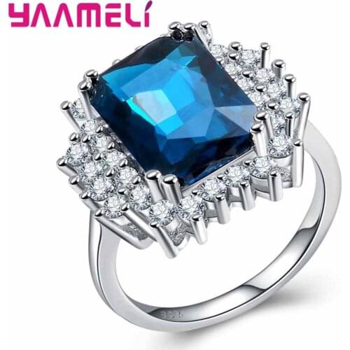 Big Blue Shiny Crystal Women Rhinestone Finger 925 Sterling Silver Rings For Women Crystal Ring Brand Jewelry