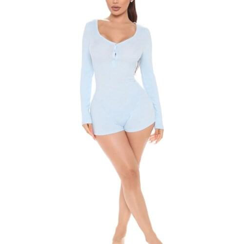 Women Sexy Bodysuit Long Sleeve Knitted Stylish Pure Color Slim Fit Jumpsuit Casual Home Wear