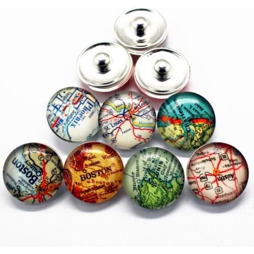 Newest 10pcs/lot map Snap Buttons Charms 18mm Print Glass Buttons Fit DIY Snap Bracelets&Bangle Jewelry