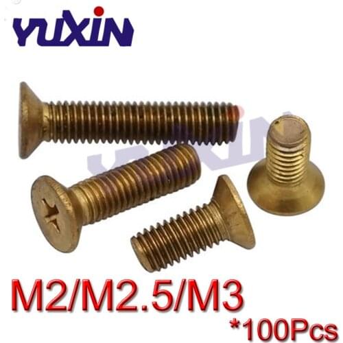 100Pcs DIN965 Copper Flat Head Screw Bolts M2 M2.5 M3 Brass Cross Recessed Countersunk Head Machine Screws