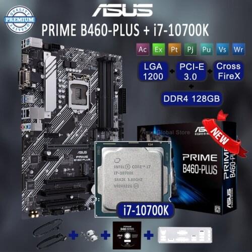 Asus LGA 1200 PRIME B460-PLUS B460 With Intel Core i7-10700K Motherboard Combo PCI-E 3.0 DDR4 128GB CrossFireX Placa-mãe Kit New