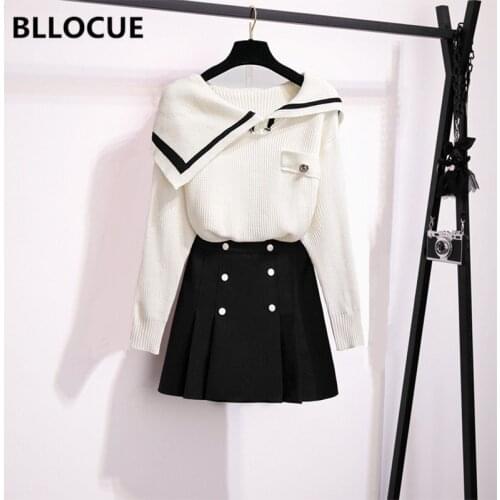 BLLOCUE Autumn Winter New Style College Style Loose Outer Wear Lapel Pullover Sweater+Double Breasted Mini Skirt Suit 2Piece Set