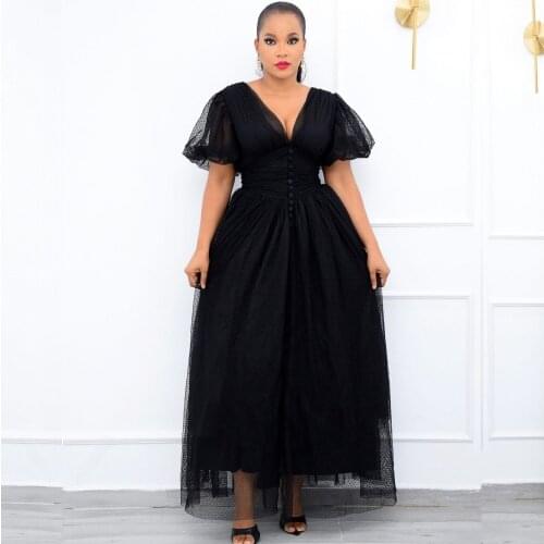Black Pleated African Maxi Dresses For Women Fashion Runway Long Dresses Short Sleeves V-Neck A Line Charming Party Dress New