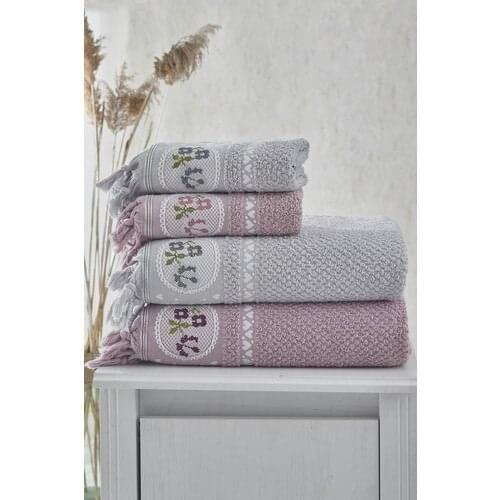 Şengil Home Textile Şengilevtekstil 4'lü Bath Towel Set/Gray-Dirty Pink