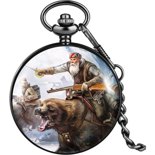 Brave Bear And Hunter Pattern Practical Quartz Pocket Watch Individual Arabic Numerals Dial Comfortable Pendant Clock Necklace
