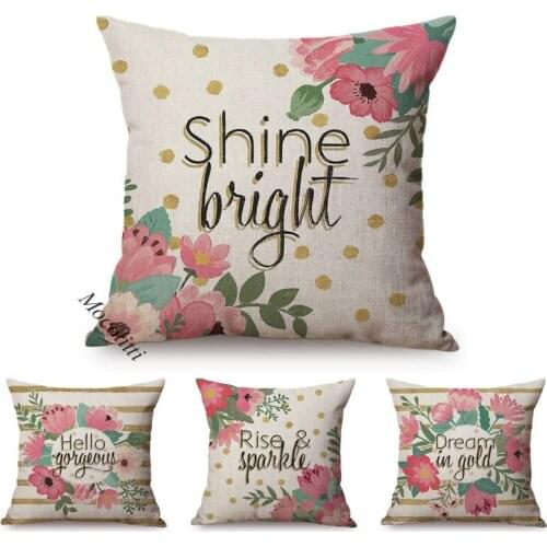 Pink Flower Oil Painting Art Home Decoration Sofa Throw Pillow Case Letter Beautiful Greetings Cotton Linen Square Cushion Cover