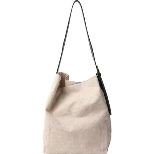 Shoulder Bag Korean Linen Womens Casual Fashion Canvas Drawstring Pu Leather Shoulder Strap Messenger Bag