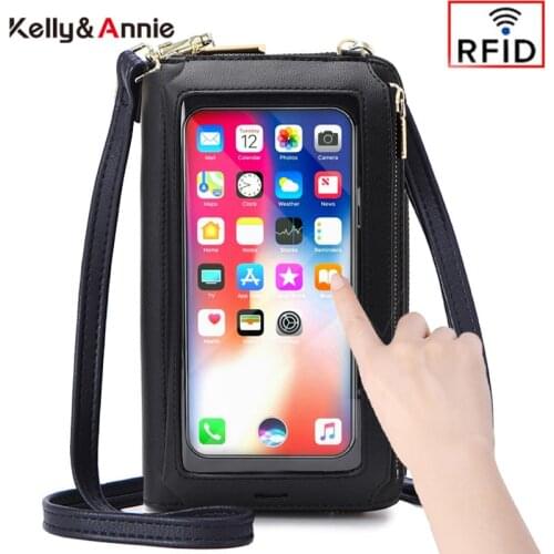 RFID Transparent Touchable Phone Pocket Designer Women Shoulder Bags PU Leather Ladies Small Crossbody Bags Female Clutch Wallet