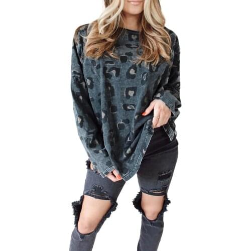 Leopard Print Pullover Long Sleeve Top with Slits 2021 Women Fashion Leopard Retro Washed Fabric Printed Loose Blouse Tops