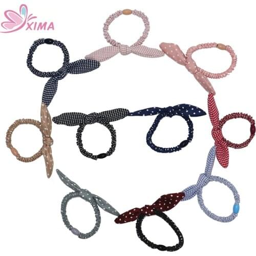 XIMA 10pcs/lot Dot and Swallow Gird Pattern Cute Girls Rabbit Ear Hair Tie Bands Ropes Ponytail Holder Elastic Hairbands for Kid