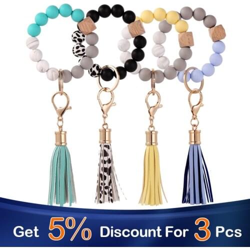 Silicone Keychain For Keys Tassel Wood Beads Bracelet Keyring For Women Accessories Multicolor Keychain Wholesale Hot Sale 2021
