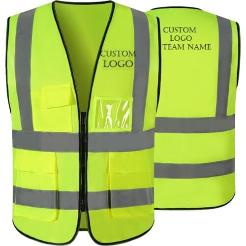Custom LOGO Reflective Safety Vest Bright Neon Color with 2 Inch Reflective Strips - Orange Trim - Zipper Front Medium Free Size
