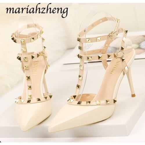 Meriahzheng Rivet High Heels Women Shoes Women Pumps Sexy Spring Summer 2020 Fashion Sandals Office Dress Black White Shoes LBZ