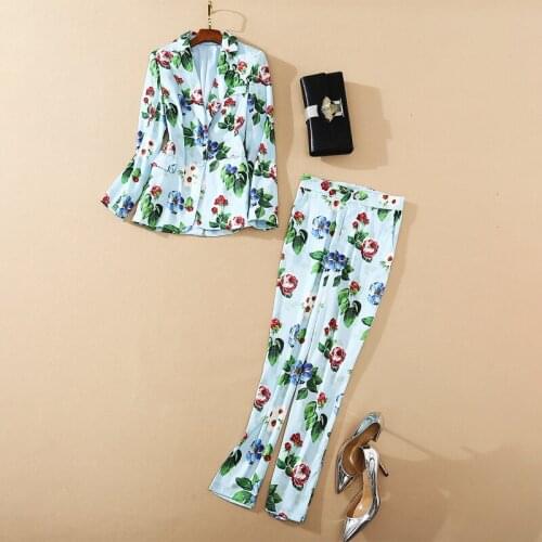 New HIGH QUALITY Fashion 2021 Designer Runway Suit Set Womens tailored collar long sleeve Floral Printed Blazer Pants Suit