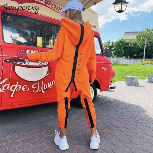 High Quality 2021 Spring Fashion WomenS Loose Sports 2 Two-Piece Set Sexy Zipper Letter Hooded Sweater And Pants Casual Set