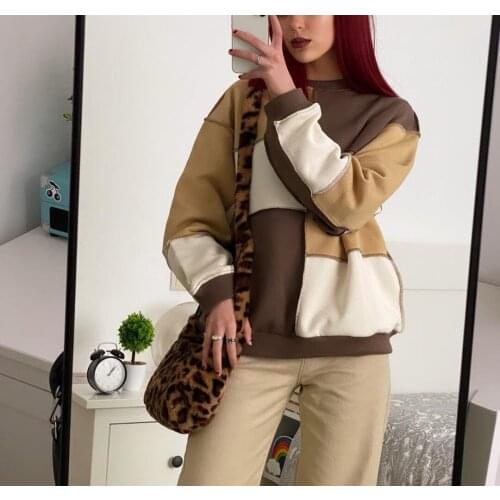 Long Sleeve Color Block Knitted Pullover Women Round Neck Patchwork Hoodies Tops Female Casual Pullover Top Autumn Sweatshirts