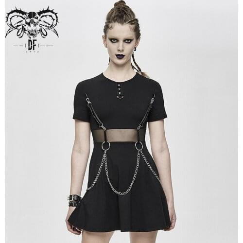 Devil Fashion Womens Punk Half Dress Removable Chain Daily Short Sleeve Dresses