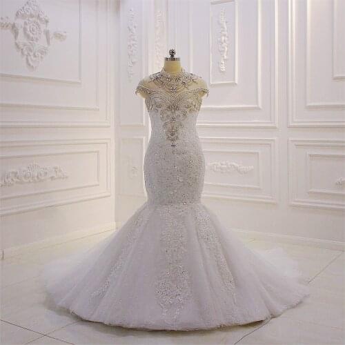 2021 Plus Size Mermaid Wedding Dresses Crystals Beaded High Neck Aso Ebi Bridal Weddding Gown Tulle robe de soirée de mariage