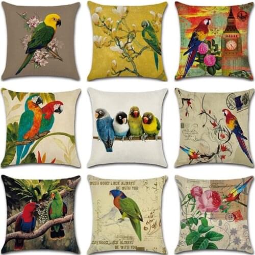 1pc Square Cotton Linen Tropical Birds Printed Throw Pillow Case Parrot Cushion Cover Cojines Decorativos Para Sofa Wholesale