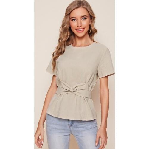 2021 New Summer Women Casual Short Sleeve O-Neck T Shirt Bow Design Khaki Cotton Linen Ladies Tops T-shirt
