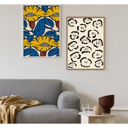 Abstract Floral Yellow Flower Blue Leaves Wall Art Canvas Painting Nordic Posters and Prints Wall Pictures for Living Room Decor