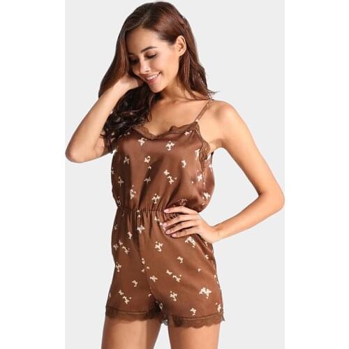 BKMGC Women New Rompers Summer Cool Faux Silk Spaghetti Strap Brown Sexy Backless Short Rompers Girl Coffee Playsuits