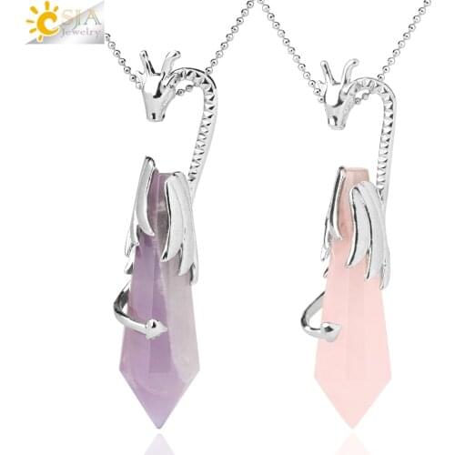 CSJA Natural Crystal Pillar Pendant Necklaces 12 Faceted Point Pink Quartz Dragon Pendants Reiki Healing Jewelry Women Men G589