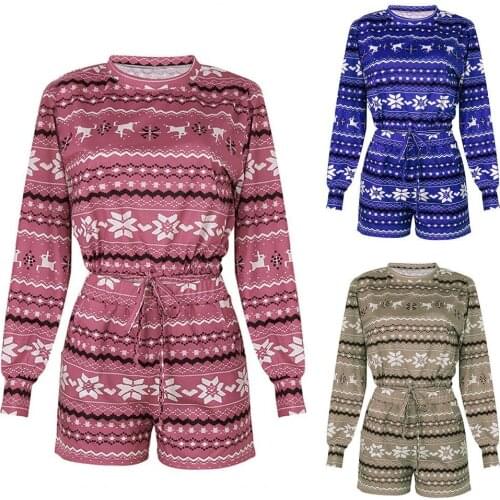 Women Snowflake Print Long Sleeve O-neck Tops Shorts Christmas Pajama Homewear