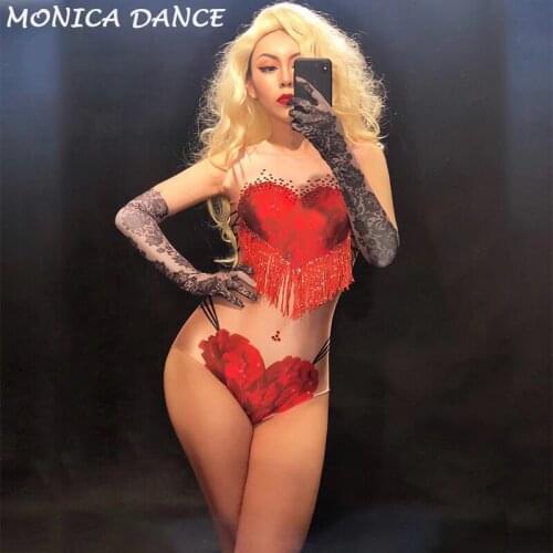 Stage Women Sexy Red Tassel Crystlas Bodysuit Sleeveless 3D Printing Flowers Nightclub Party Dancer Singer Stage Wear Costumes