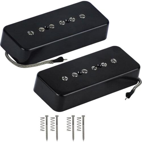 FLEOR Set of Neck & Bridge Pickup Vintage Alnico 5 Single Coil Soapbar P90 Pickups Black Metal Braided Cable for Electric Guitar