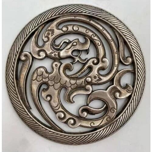 China White copper Hollow out archaize dragon phoenix statue