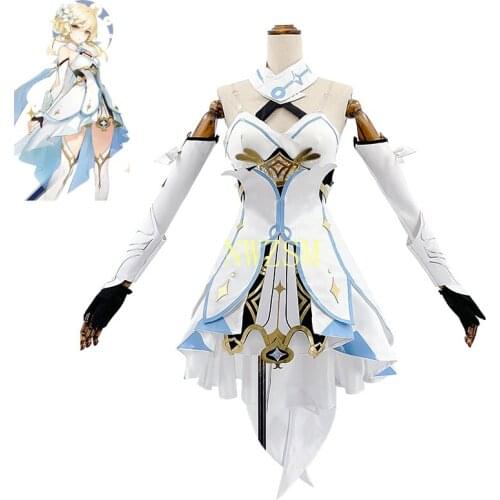 Genshin Impact Cosplay Costume Traveler Lumine Dress Cosplay Game Lumine Costume And Wig Stockings Gloves For Women Halloween