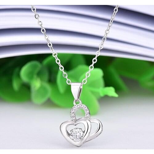 Trendy Crystal Double Heart Pendant Necklace Female Jewelry Top Quality Chain Silver 925 Necklace Girl Princess Clavicle Bijou