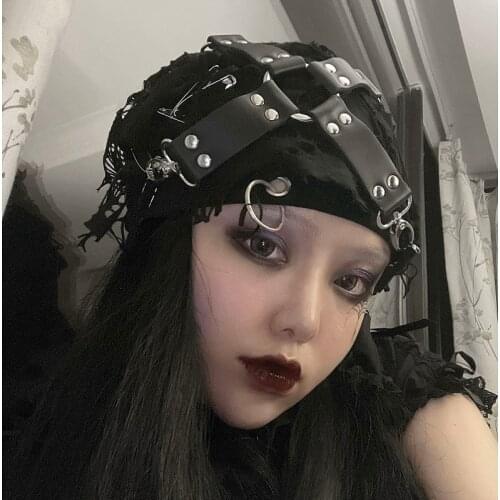 Ruibbit New Arrival Punk Black PU Metal Japanese Harajuku Girls Hat Women Caps Knitted Chic Streetwear