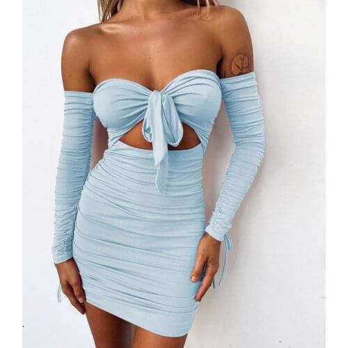 Off Shoulder Long Sleeve Bodycon Dress Women Hollow Out Sexy Slim Dresses Womens Spring Mini Dress