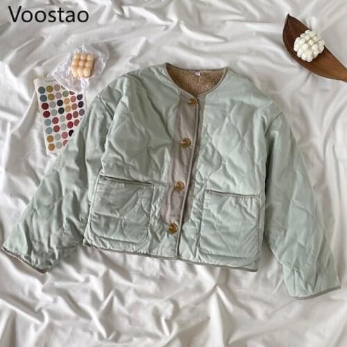 Autumn Winter Korean Chic Loose Lambswool Coats Women Fashion Warm Both Sides Cotton Padded Clothes Lady Single Breasted Jackets