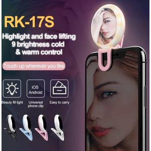 RK17S Mini Selfie Flash Light Beauty Fill Light with Makeup Mirror 20 Bulbs 9 Level Brightness Warm+Cold+Mixed Lights For Phones