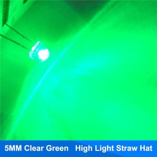 100pcs 5mm Green Straw Hat Clear Lens LED Diode Light 5 mm Ultra Bright Wide Angle LED Light Emitting Diode Lamp Through Hole